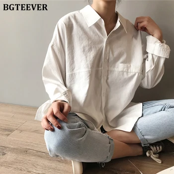 BGTEEVER Minimalistisk Løs Hvid t-Shirts til Kvinder, Turn-down Krave Solid Kvindelige Skjorter, Toppe I 2020, Forår, Sommer Bluser