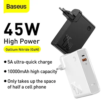 Baseus GaN Oplader 45w PD Hurtigt Opladere Med 10000mAh Power Bank For Telefon 2 i 1 Bærbar Ekstern Batteri Oplader Til Xiaomi