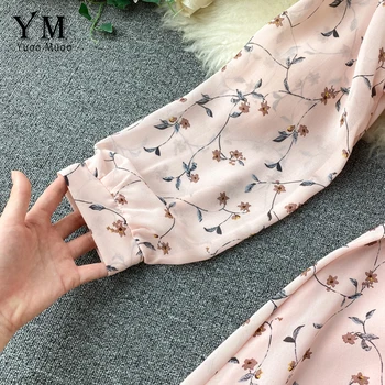 YuooMuoo Sommeren Koreanske Chiffon Kjole 2020 Elegante Damer, Vintage Lang Kjole Smarte Blomstret Print, Lange Ærmer Bandage Dress Vestidos