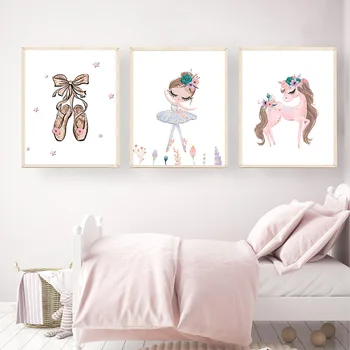 Søde Sko Ballet Pige Unicorn Swan Børnehave Nordiske Plakater Og Prints Væg Kunst, Lærred Maleri På Væggen Billeder Kids Room Decor