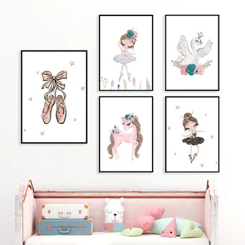 Søde Sko Ballet Pige Unicorn Swan Børnehave Nordiske Plakater Og Prints Væg Kunst, Lærred Maleri På Væggen Billeder Kids Room Decor