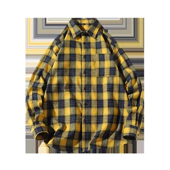 Efteråret nye ternet langærmet shirt til mænd er store størrelse casual streetwear jakke camisa masculina Enkelt Breasted Gul
