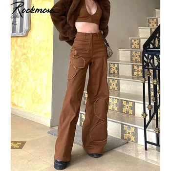 Rockmore Y2K Vintage Blomst Patches Loose Jeans Kvinder 90'erne Æstetiske Bred Ben Denim Bukser Brun Høj Talje, Straight Bukser 2021
