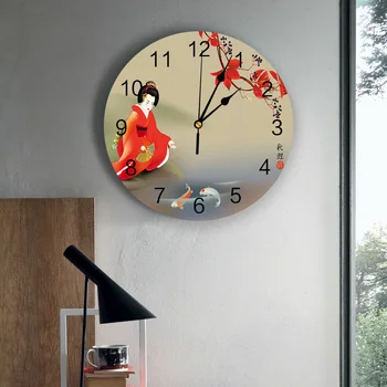 Geisha Painting Carp Japanese Style Female Wall Clock Kitchen Home Living Room Decorative Kitchen Wall Decor Hanging Clocks