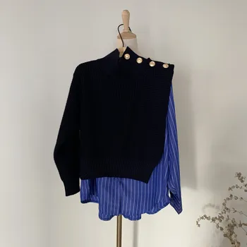 Nye koreanske Smarte 2020 Efteråret Høj Krave Side Knapper Falske To-stykke Shirt Syning Stribede Boble Ærme Sweater Blå kvinder