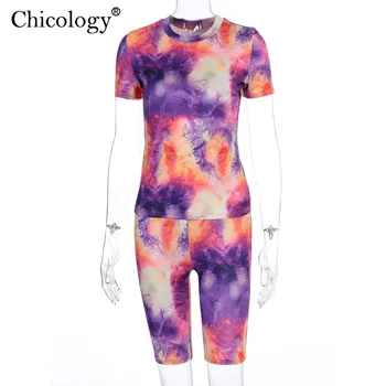 Chicology tie dye print neon sportstøj 2 to stykke matchende sæt kvinder 2020 sommer top høj talje shorts sexet tøj streetwear