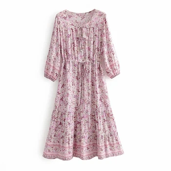 TEELYNN bomuld pink blomster print lange kjoler kvinder sommer strand robe vintage elastik i taljen afslappet 2020 boho chic dress vestidos