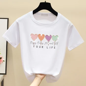 Gkfnmt Kærlighed Perlebesat Pink Bomuld T-Shirt med Korte Ærmer til Kvinder Top Hvid Sommer Tshirt Korean Style T-shirten Store Piger Hvid Tee