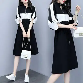 Kvinders kjoler øge talje løs polyester mid-længde kjole sort og hvid boho kvinder