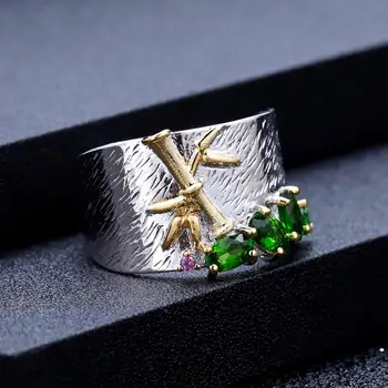PERLE ' S BALLET Naturlige Chrome Diopside Gemstone Ring 925 Sterling Sølv Håndlavede Bambus Finger Ringe til Kvinder Part Fine Smykker