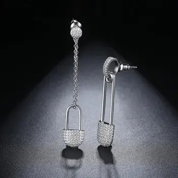 Trendy Zirkonia Sølv Plating Sikkerhedsnål Øreringe Lang Kæde Drop Asymmetri Geometriske Øreringe Til Kvinder Smykker 2020