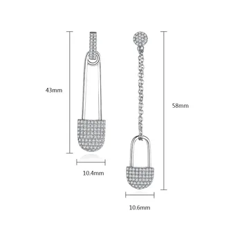 Trendy Zirkonia Sølv Plating Sikkerhedsnål Øreringe Lang Kæde Drop Asymmetri Geometriske Øreringe Til Kvinder Smykker 2020