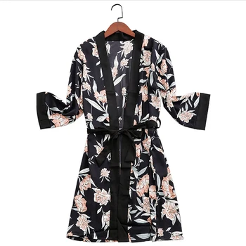 Kvinder er Robe Efteråret Sexet Kimono Morgenkåbe Trykt Blomstret Nattøj Faux Silke Natkjole V Hals Bryllup Dressing Plus Size Peignoir