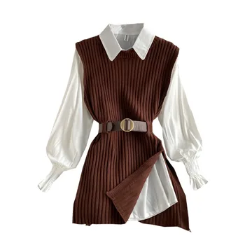 2021 foråret efteråret kvinders lanterne ærmet trøje strikket vest to-delt sæt College stil linning vest to sæt top UK900