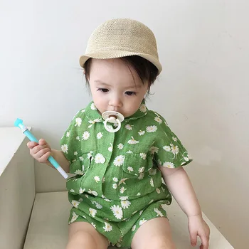 To-piece Suit Kids Tøj koreanske Sommer børnetøj Blomst Passer til Dreng og Pige Baby Daisy Kort-langærmet Shirt, Shorts