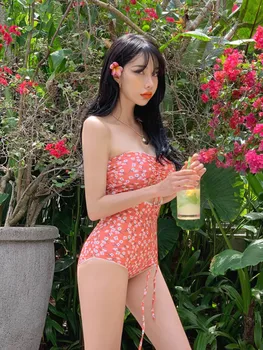 2020 Nye Koreanske Kvinder, Ét Stykke Badetøj Cut Blomster Foran Twist Skåret Ud Sexet Off Skulder High Cut Trikini Monokini Plisserede