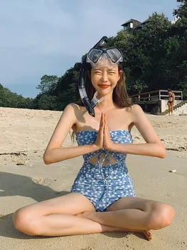 2020 Nye Koreanske Kvinder, Ét Stykke Badetøj Cut Blomster Foran Twist Skåret Ud Sexet Off Skulder High Cut Trikini Monokini Plisserede