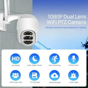 2020 Dobbelt Linse 1080P Wifi PTZ Udendørs CCTV Kamera Overvågning 4X Zoom Trådløse Dome Auto Tracking Alarm Lyd, Lys, Sikkerhed Kamera