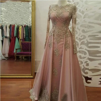 Elegant Arabisk Abendkleider Satin Med Guld Applique Crystal Long Sleeve Kvinder Aften Kjoler, Aften Kjoler Party Kjoler