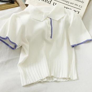 HELIAR Solid Polo Shirt Kvinder Peter pan Krave T-shirts Strikket kortærmet Afslappet Sommer T-shirts Til Kvinder Tees