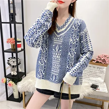 Harajuku Vintage Print med V-hals Sweater Kvinder 2021 Spring Ny Strikket Pullover Jumper Mode Efteråret Oversize Sort Blå Sweater