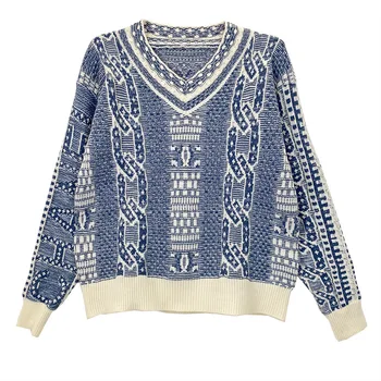 Harajuku Vintage Print med V-hals Sweater Kvinder 2021 Spring Ny Strikket Pullover Jumper Mode Efteråret Oversize Sort Blå Sweater