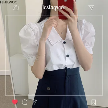Koreanere Japan Style Tøj, Smarte Søde Toppe Om Sommeren Puff Ærmer Preppy Stil Piger Enkelt Breasted Knap Hvide Skjorter Kvinder Bluse