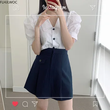 Koreanere Japan Style Tøj, Smarte Søde Toppe Om Sommeren Puff Ærmer Preppy Stil Piger Enkelt Breasted Knap Hvide Skjorter Kvinder Bluse