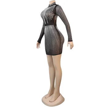 Shiny Mesh Rhinestones Gennemskinnelige Club Party Dress Efteråret Tøj til Kvinder, Elegant langærmet Rullekrave Bandage Mini Kjole