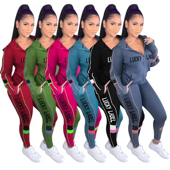 Lucky Etiket To Delt Sæt Kvinder Falder Tøj Sweatsuit Top Jakke Sport Pants Trænings Outfit, Matchende Sæt Engros Dropshpping