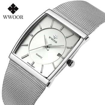 WWOOR Mode Rektangel Ure Til Mænd Enkel Ultra-tynd Hvid Stålnet Dato Ure Business Quarzt armbåndsur zegarek meski
