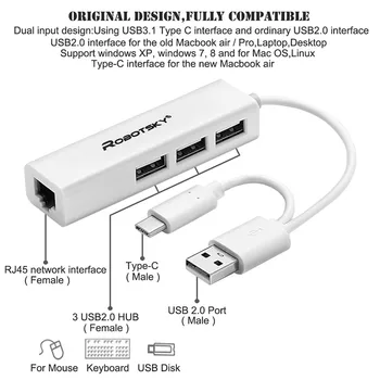 2 i 1 3 Ports USB-Hub USB3.1 Type C til Ethernet-Adapter 10/100M Type C RJ45 Lan-Adapter Til Lenovo, Dell