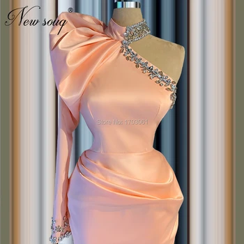 Saudi-Arabien Krystaller Aften Kjoler Elegant Ene Skulder Dubai Party Dress Robe De Soiree Lange Lyserøde Formel Prom Kjoler 2020