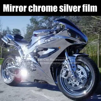 Høj strækbar silver Chrome Luft Boble Gratis Spejl Wrap Film Klistermærke Ark emblem Bil Cykel Motor Krop Dække