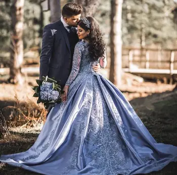 Vintage Muslimske 2019 Blue Lace Kjoler Med Fuld Ærmer Puffy Bold Kjoler Saudi-Arabisk Prom Kjoler, Blonder Op Vestido Formatura