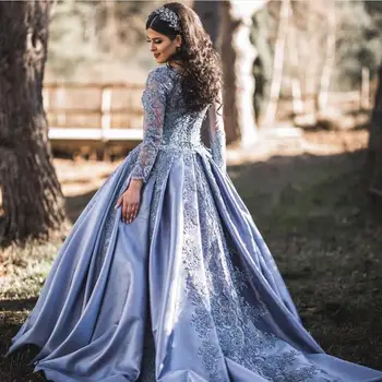 Vintage Muslimske 2019 Blue Lace Kjoler Med Fuld Ærmer Puffy Bold Kjoler Saudi-Arabisk Prom Kjoler, Blonder Op Vestido Formatura