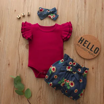 40# Tre-stykker Sæt Baby Piger, Tøj til Børn, der Flyver Ærme Sparkedragt + Blomstret Print, Shorts + hårbånd Sæt Børns Kostumer