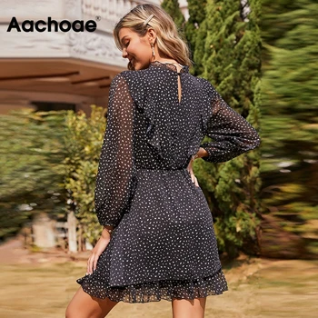 Aachoae Kvinder Casual Print Chiffon Kjole Se Gennem Lange Ærmer Plisseret Mini Kjole Ruffles Beach Sundress 2020 Robe Femme S-XL