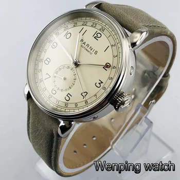 Nye Parnis 42mm GMT sølv sag arabiske mark dato vindue læder strap herre top fritid automatisk mekanisk ur