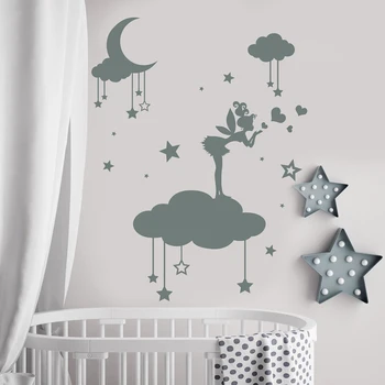 Fe vægoverføringsbilleder Måne Og Stjerne Cloud Wall Sticker Vinyl Decal for Piger Soveværelse Dekoration i Børneværelset Wall Decor Mærkat C554