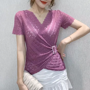 Sexet Kvinder Lace Tops 2021 Sommeren kortærmet Bluse med V-hals Hule Skjorte Lace Fashion Bluser Plus Size Blusas Mujer 13154