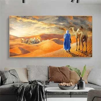 Orientalsk Tuareg-Maleri i Ørkenen Landskab Dekoration - Plakater og Print på Lærred Væg Kunst Maleri til stuen Indretning