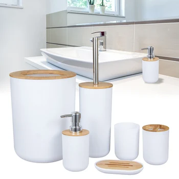 Pladsbesparende Cup Sæbedispenser Bambus Træ-Brusebad Stue Tandbørsteholder Badeværelse Tilbehør Sæt Toilet Børste Køkken