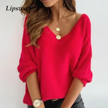Mode Enkle Røde Løs Fluffy Sweater Foråret Efteråret Pullover med Lange Ærmer Toppe Afslappede Bløde Kvinder Strikkede Trøjer Sweatshirt XL