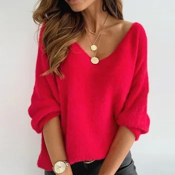 Mode Enkle Røde Løs Fluffy Sweater Foråret Efteråret Pullover med Lange Ærmer Toppe Afslappede Bløde Kvinder Strikkede Trøjer Sweatshirt XL
