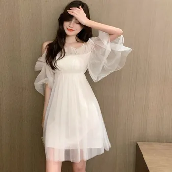 QWEEK Mesh Fairy Dress Kvinder 2021 Mode Sundress Sommeren Japansk Slik Spaghetti Stap Glide Elegant Off-Shoulder Kjole, Sort