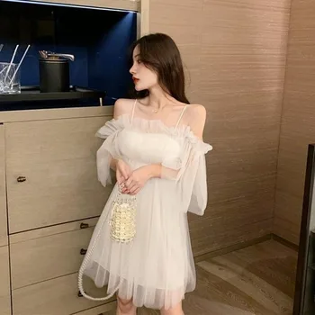 QWEEK Mesh Fairy Dress Kvinder 2021 Mode Sundress Sommeren Japansk Slik Spaghetti Stap Glide Elegant Off-Shoulder Kjole, Sort