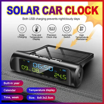 Bilen USB-Sol Opladning Smart Digital Ur Kalender Tid, Temperatur-LED-Skærm Bil Interiør Tilbehør Auto Start Off
