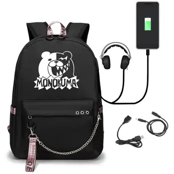 Anime Danganronpa Bære USB-Port Rygsæk skoletasker Travel Book Drenge Piger Tasker Bærbar Hovedtelefon USB-Port