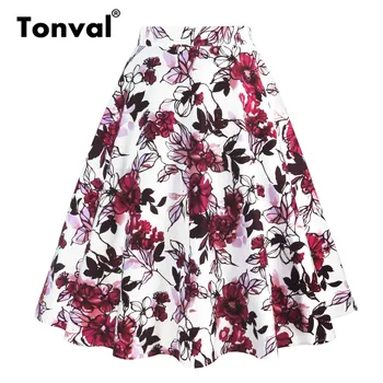 Tonval Retro Stil Blomster Swing Nederdele Hvid med Røde Blomster, Elegant Nederdele Kvinder En Linje Vintage Nederdel